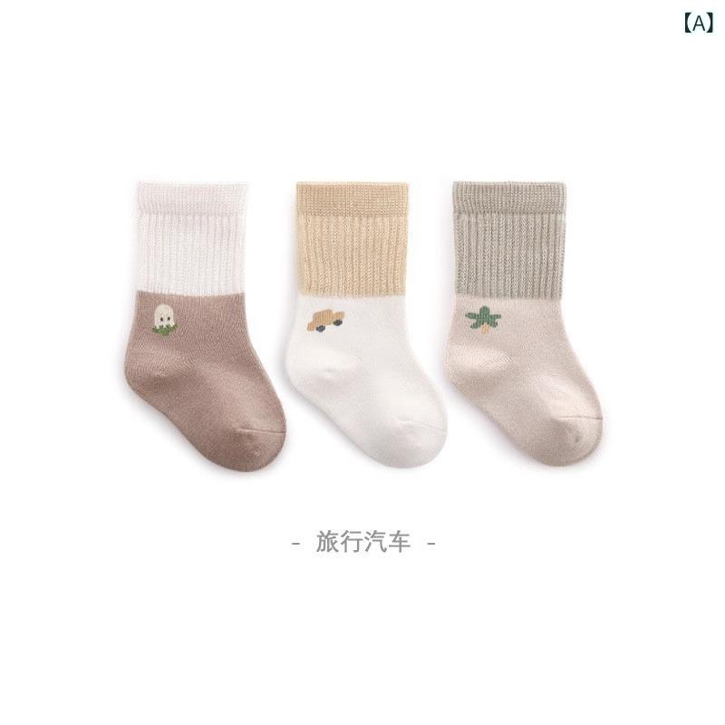・カテゴリ: 子ども用靴下・素材: 精梳綿100%・対象性別: 男女共用・靴下の種類: レギュラーソックス・仕様: メッシュ、かかと付き・機能: 通気性・レングス: クルー丈・厚さ: 中等・デザイン: キャラクター、可愛い、配色・カラー展開: 旅行自動車、ベアキノコ、スターフルーツ、海塩セット、バニラセット、サクラセット・サイズ展開: XS（0-6ヶ月）、S（6-12ヶ月）、M（1-3歳）、L（3-5歳）、XL・対象年齢: 1-3歳（身長80-100cm）