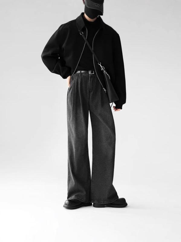 デニムパンツ メンズ レディース ワイドパンツ ジーンズ ジーパン ゆったり ストリート ヴィンテージ風 韓国 ファッション 10代 20代 レトロ 落ち感 ルーズ タック 水洗 ウォッシュ加工 ロングパンツ ボトムス 青 黒 オールシーズン