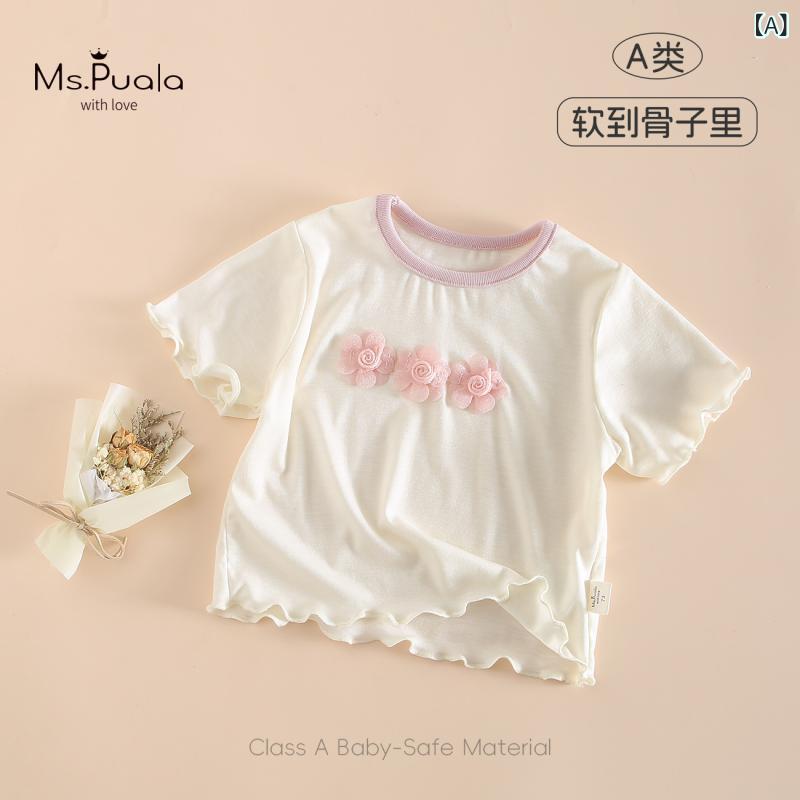 ・カテゴリ: キッズTシャツ・スタイル: シンプル・フード: なし・袖丈: 半袖・対象年齢: 乳幼児（1〜3歳、80〜100cm）・生地加工: 柔軟加工・柄: 無地・デザイン要素: スポーツ、セットアップ、レース、ストライプ、チェック、田園風、キャラクター、英字・素材: テンセル93%、スパンデックス7%・安全基準: A類・ネックライン: クルーネック・機能: 通気性・カラー展開: ピンク、グリーン・対応身長: 73cm、80cm、90cm、100cm、110cm