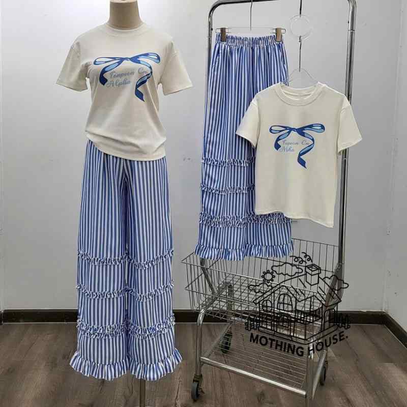 ・カテゴリ: カジュアルスーツ・スタイル: スイート、キュート・柄: ストライプ、チェック、プリント・ズボンの長さ: ロングパンツ・デザイン特徴: リボン・主な素材: ポリエステル・素材割合: 70%以上80%未満・カラー展開: ホワイト・サイズ展開: フリーサイズ・性別: レディース・袖の種類: レギュラースリーブ・袖丈: 三分袖