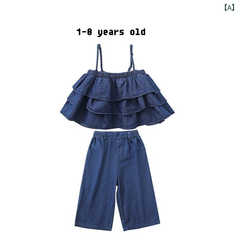 ・カテゴリ: 子供用セットアップ・対象性別: 女の子・スタイル: 韓国風・セット内容: トップス、ショートパンツ・セット件数: 2点セット・対象年齢: 中小童（3～8歳）・袖丈: 長袖・パンツ丈: ショートパンツ・生地加工: 柔軟処理・厚さ: 普通・柄: 無地・主な素材: 綿95%・安全基準: A類・着用タイプ: プルオーバー・カラー展開: デニムキャミソール＆ワイドパンツ・サイズ展開: 80cm、90cm、100cm、110cm、120cm、130cm