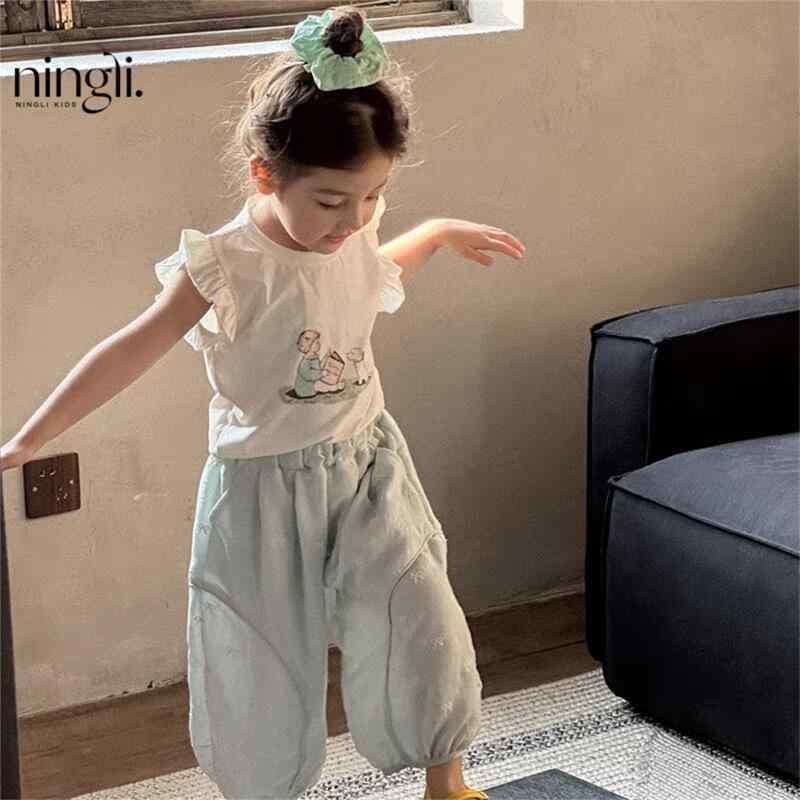 子供服 セットアップ 女の子 キッズ ベビー ノースリーブ トップス タンクトップ 防蚊パンツ ロングパンツ 9分丈 2点セット 綿 コットン カートゥーン イラスト プリント かわいい フリル 夏 お出かけ 通園 旅行 80 90 100 110 12