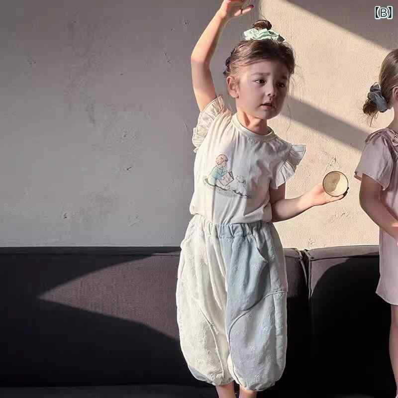 リメイクバディーの子供服 セットアップ 女の子 キッズ ベビー ノースリーブ トップス タンクトップ 防蚊パンツ ロングパンツ 9分丈 2点セット 綿 コットン カートゥーン イラスト プリント かわいい フリル 夏 お出かけ 通園 旅行 80 90 100 110 12｜アングル3