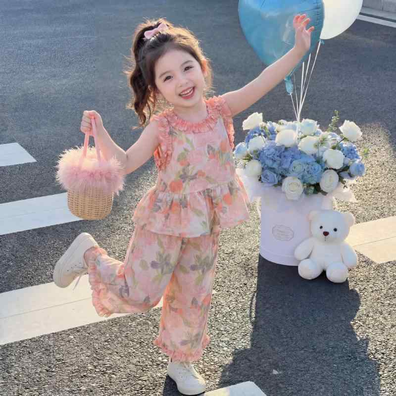 キッズ セットアップ 女の子 半袖 ノースリーブ ワイドパンツ 九分丈 花柄 カジュアル 薄手 涼しい 夏 子供服 上下セット ガールズ ウエア 旅行 運動 普段着 ピンク 100 110 120 130 140 150