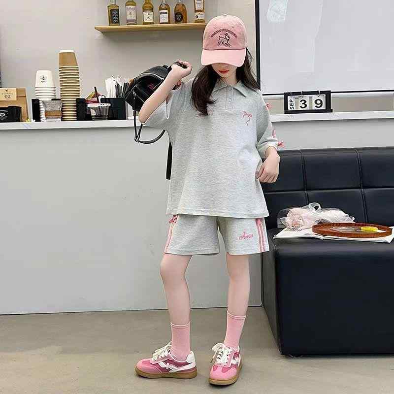 子供服 女の子 セットアップ 夏 半袖 トップス パンツ 上下セット キッズ ジュニア カジュアル スポーツ 運動着 リボン 2点セット プルオーバー 普段使い 通学 旅行 ベージュ グレー 110 120 130 140 150 160 170