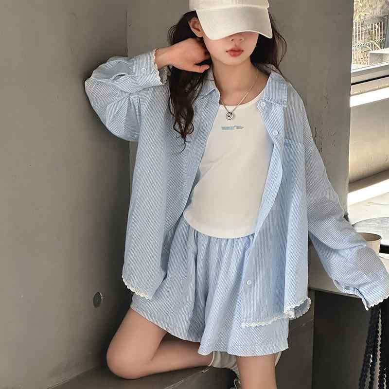 キッズ セットアップ 女の子 半袖 長袖 ショートパンツ 羽織り 3点セット 綿 ポリエステル ストライプ 薄手 日よけ 紫外線対策 接触冷感 カジュアル 通学 お出かけ 夏 おしゃれ 韓国風 かわいい 子供服 120cm 130cm 140cm 150