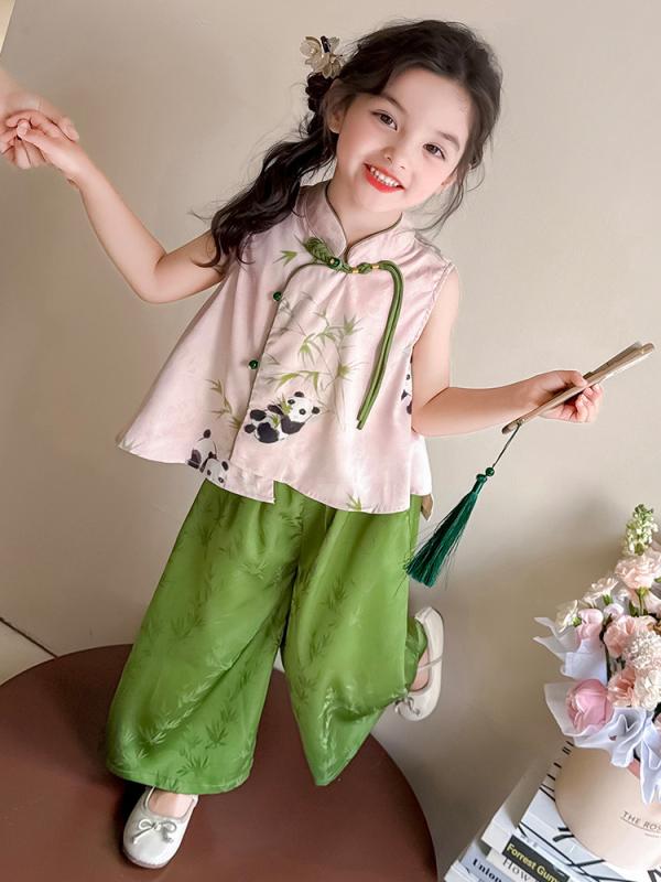 ・カテゴリ: キッズセットアップ・対象性別: 女の子・スタイル: 韓国風・セット内容: トップス、ボトムスの2点セット・対象年齢: 中小童（3～8歳、100～140cm）・袖丈: ノースリーブ・ボトムス丈: ロングパンツ・生地加工: ソフト加工・生地の厚さ: 普通・主な素材: 綿90%・安全基準: B類・留め具タイプ: プルオーバー・カラー: グリーン・対応身長: 90cm、100cm、110cm、120cm、130cm、140cm