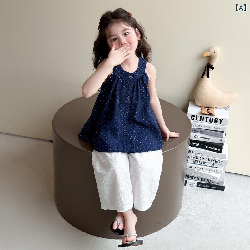 ・カテゴリ: 子供用セットアップ・対象性別: 女性・スタイル: 韓国風・セット内容: 2点セット・対象年齢: 中小童（3～8歳、100～140cm）・袖丈: ノースリーブ・パンツ丈: ロングパンツ・生地加工: ソフト処理・生地の厚さ: 薄手・柄: 無地・主な素材: 綿90%・安全基準: B類・着用タイプ: プルオーバー・カラー展開: 画像色・対応身長: 90cm、100cm、110cm、120cm、130cm、140cm