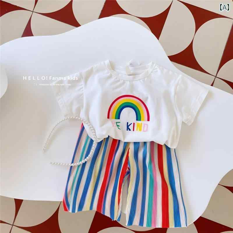 子供服 セットアップ 女の子 キッズ ベビー 上下セット 半袖 Tシャツ カットソー クロップドパンツ 7分丈 レギンス 接触冷感 薄手 涼しい カラフル レインボー ボーダー キャラクター ウエストゴム カジュアル 夏 80 90 100 110 12