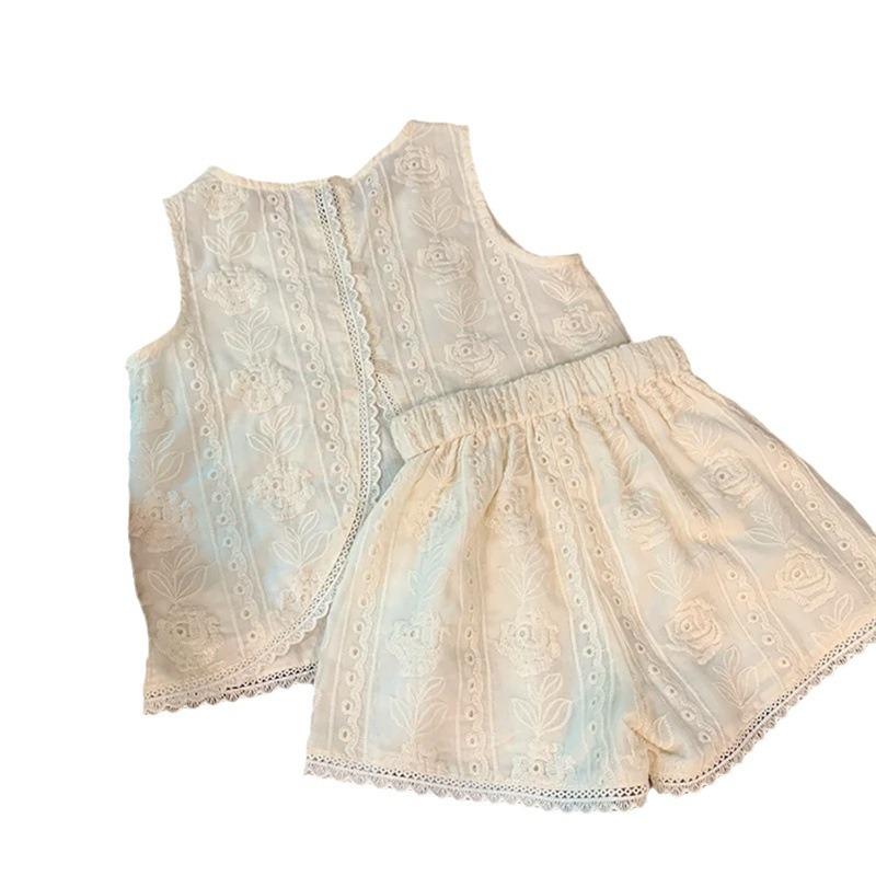 子供服 セットアップ 女の子 キッズ ノースリーブ タンクトップ ハーフパンツ 上下セット 綿 夏 薄手 フリル 無地 ベージュ 90 100 110 120 130 140 お出かけ 通園 旅行 カジュアル かわいい