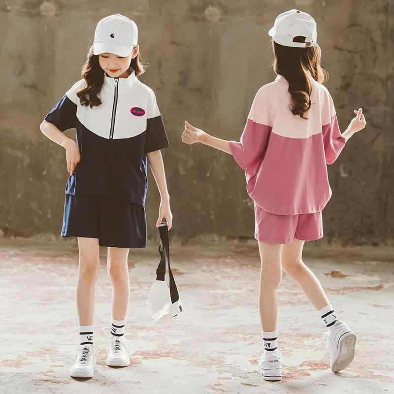 ・カテゴリ: 子供用セットアップ・対象性別: 女性・スタイル: 韓国風・セット内容: トップス、ボトムス（2点セット）・対象年齢: 中小童（3〜8歳、100〜140cm）・袖丈: 半袖・フード: フードなし・パンツ丈: ショートパンツ・生地加工: 柔軟処理・生地の厚さ: 普通・柄: アルファベット・主な素材: 綿100%・安全基準: B類・合わせ仕様: ファスナー・カラー展開: ダークブルー、ピンク・対応身長: 120cm、130cm、140cm、150cm、160cm、165cm