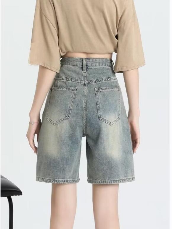・カテゴリ: デニムパンツ・主な素材: 綿50%以上70%未満・スタイル: カジュアル・パンツ丈: 五分丈・ウエスト: ハイウエスト・厚み: レギュラー・デザイン特徴: ポケット・カラー展開: ブルー・サイズ展開: XS、S、M、L、XL、2XL・伸縮性: ややあり・パンツシルエット: ワイドパンツ・加工: 形態安定加工