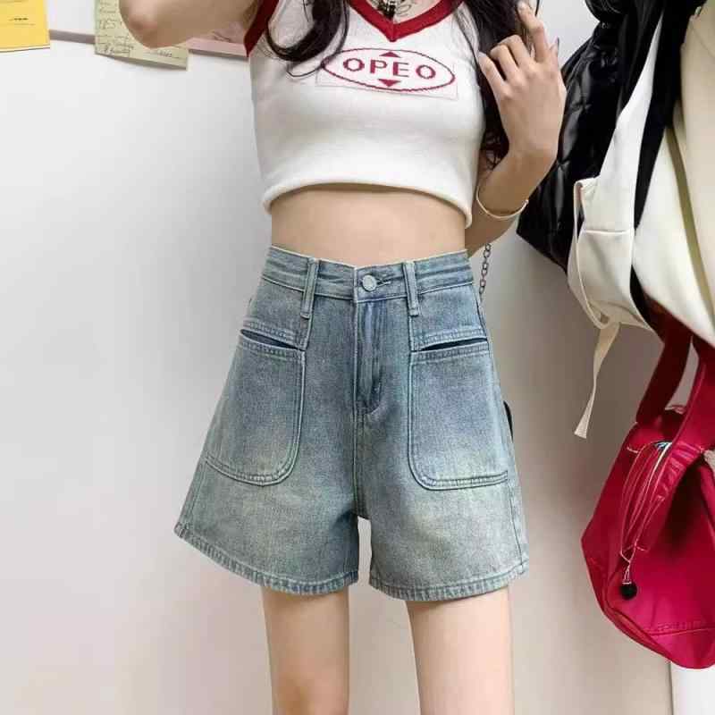 デニム ショートパンツ レディース ハイウエスト 着痩せ ゆったり コットン Aライン 短パン ジーンズ ジーパン 3分丈 ボトムス カジュアル 旅行 デート お出かけ ブルー 深青 春 夏 20代 レトロ ヴィンテージ風