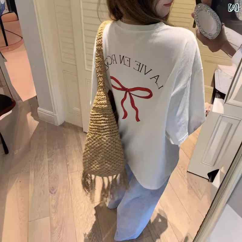 セットアップ レディース 半袖 Tシャツ ワイドパンツ リボン プリント ルームウェ...