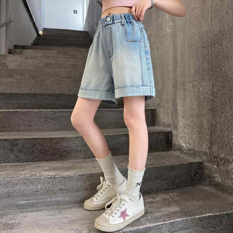 キッズ ショートパンツ 女の子 ジュニア デニム ハーフパンツ ボトムス ガールズ 短パン 半ズボン 通園 通学 お出かけ カジュアル 夏 130 140 150 160 170 ウエストゴム おしゃれ 青 かわいい