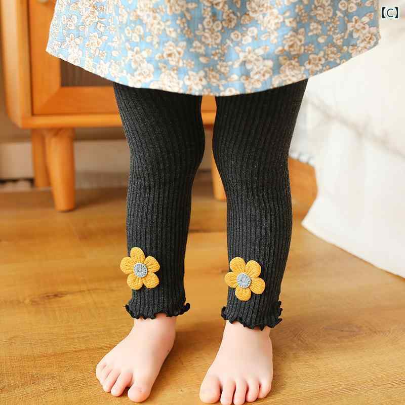 リメイクバディーのレギンス タイツ ベビー キッズ 女の子 スパッツ 10分丈 薄手 コットン 綿 ひまわり 花 刺繍 かわいい 通気性 吸汗 白 黒 グレー 赤ちゃん 子供服 ジュニア 通園 通学 お出かけ 春 秋｜アングル3