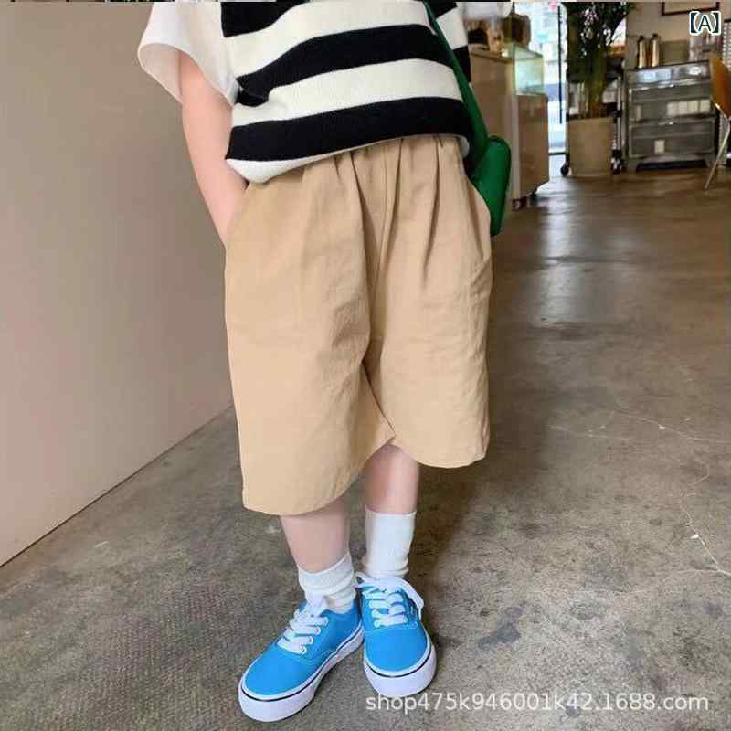 ・カテゴリ: キッズパンツ・スタイル: 韓国風・主な素材: 綿100%・安全基準: B類・丈: 五分丈・ミディアム丈・対象性別: 男女兼用・対象年齢: 中小童（3〜8歳、100〜140cm）・生地加工: 柔軟加工・柄: 無地・股上: 中腰・カラー展開: カーキ・対応身長: 90cm、100cm、110cm、120cm、130cm、140cm、150cm