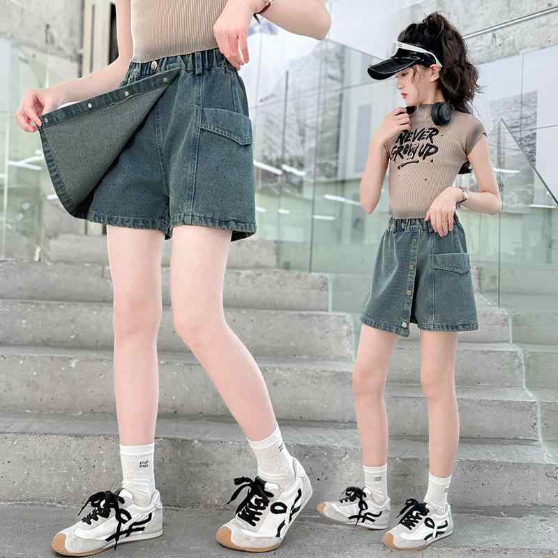 キュロット デニム キッズ 女の子 キュロットパンツ ハーフパンツ 半ズボン 夏服 高腰 ボタン ウエストゴム 動きやすい カジュアル おしゃれ かわいい 通学 お出かけ 旅行 120cm 130cm 140cm 150cm 160cm 170cm ブル