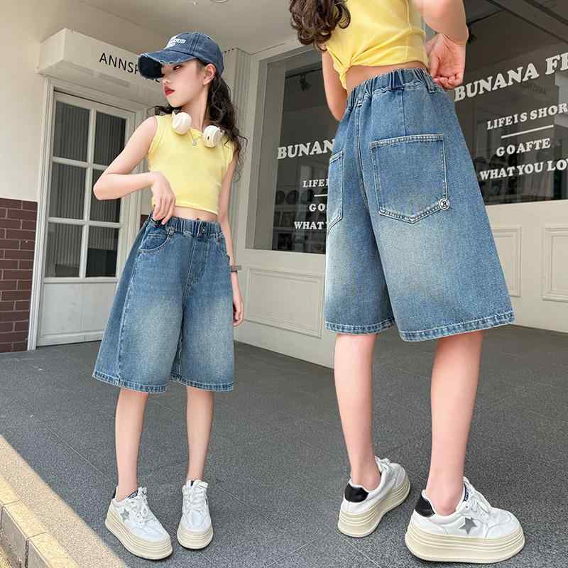 ・カテゴリ: 子供用パンツ・スタイル: 韓国風・素材: デニム（綿90%）・安全基準: B類・パンツ丈: 5分丈・ミドル丈・対象性別: 女の子・対象年齢: 中大童（8歳以上、身長140cm以上）・デザイン: ジーンズ・生地加工: 柔軟加工・柄: 無地・股上: 中腰・カラー: R標5分丈パンツ・対応身長: 120cm、130cm、140cm、150cm、160cm、170cm