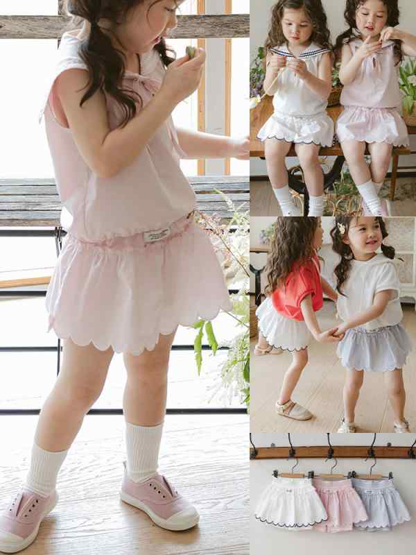 ・カテゴリ: 童パンツ・スタイル: 韓国風、可愛い、フリル、プリンセス、トレンド、キャンディカラー、欧米風・素材: 綿95%・安全基準: B類・パンツ丈: ショートパンツ・対象性別: 女の子・対象年齢: 中小の子供（3〜8歳、100〜140cm）・デザイン: キュロット・生地加工: 柔軟加工・柄: 無地・パンツウエスト: ハイウエスト・カラー展開: ピンクウェーブヘム、アイボリーウェーブヘム、ブルーウェーブヘム・サイズ展開: 90cm、100cm、110cm、120cm、130cm、140cm、150cm・クラフト: 刺繍