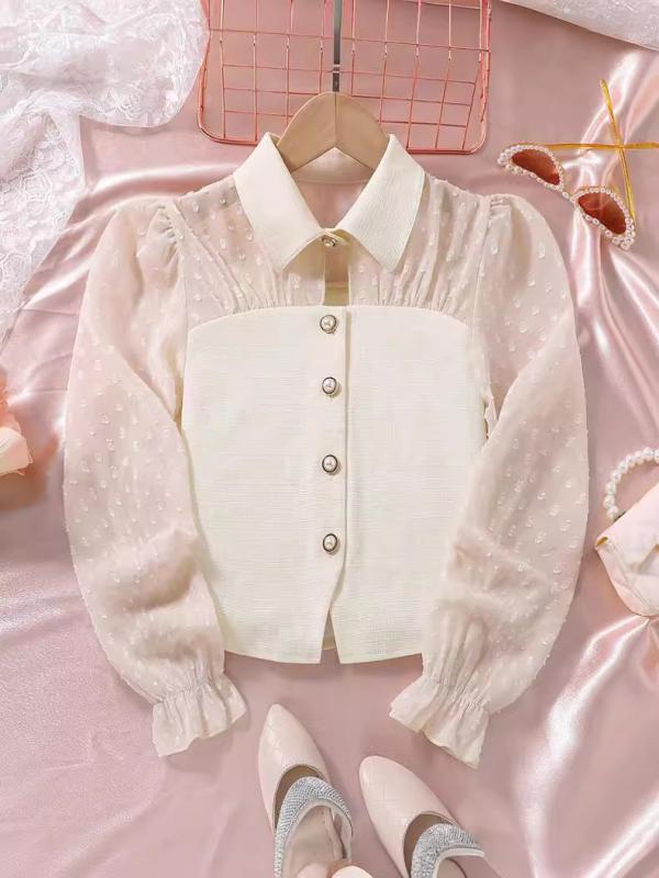 子供 シャツ 女の子 トップス チュール 切り替え ジャケット風 長袖 フォーマル キッズ ジュニア 春 夏 秋 白 140 150 160 通学 お出かけ 発表会 カジュアル 欧米風 無地 かわいい おしゃれ