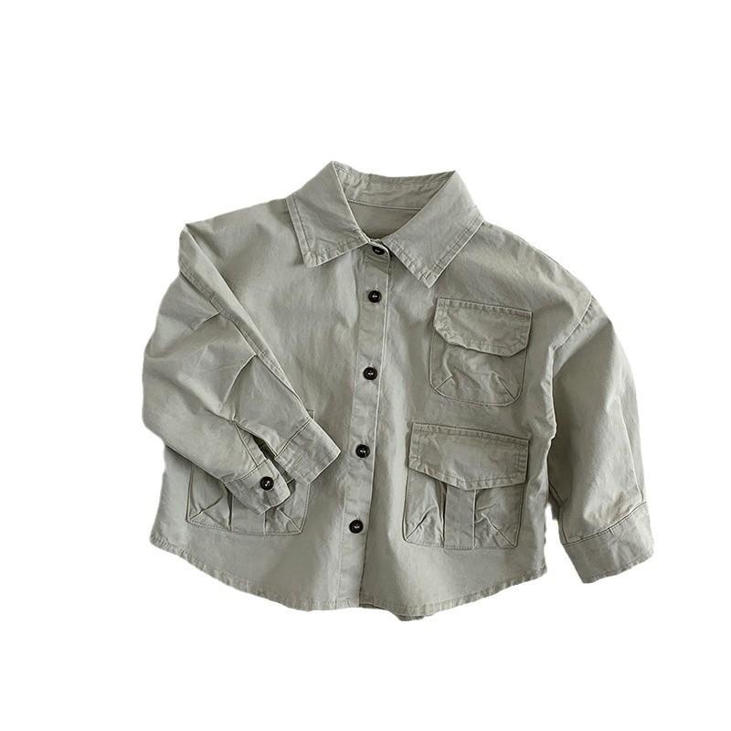 シャツ 男の子 女の子 キッズ ジュニア 長袖 シャツジャケット ワーク風 トップス 羽織り 綿100％ コットン 酵素洗い 襟付き 無地 カジュアル ストリート 通学 通園 普段使い お出かけ 春 秋 ベージュ イエロー 80 90 100 110 1