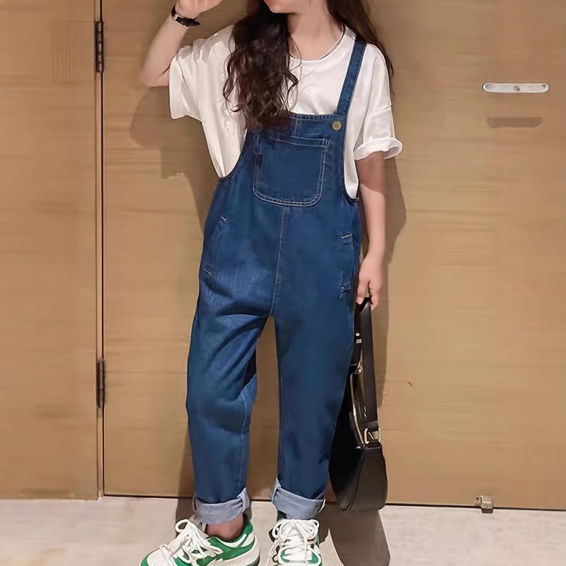 ・カテゴリ: キッズパンツ・スタイル: 韓国風・素材: デニム（綿60%）・安全基準: B類・パンツ丈: ロングパンツ・対象性別: 男女兼用・推奨年齢: 子ども（3〜8歳、身長100〜140cm）・デザイン: サロペット・股開き仕様: あり・生地加工: 柔軟加工、酵素洗い、液体アンモニア処理・柄: 無地・特徴: サロペット、カジュアル・ウエスト: ハイウエスト・カラー展開: ブルー・サイズ展開: 100cm、110cm、120cm、130cm