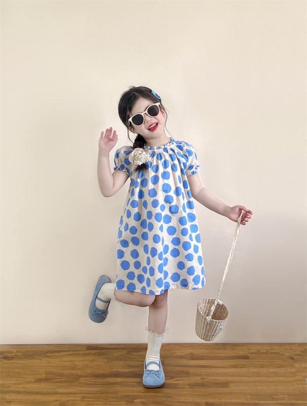 ワンピース 女の子 キッズ ノースリーブ パフスリーブ A字 Aライン コットン 綿100 柔らかい 涼しい お出かけ 通園 通学 旅行 発表会 青 水玉 ドット プリンセス ドレス 春 夏 韓国 ファッション かわいい