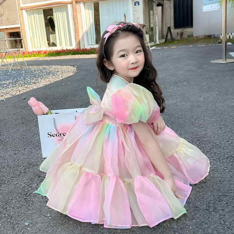 ワンピース キッズ 女の子 半袖 プリーツ シフォン 虹 レインボー パフスリーブ リボン ボリューム お姫様 ドレス フォーマル 発表会 結婚式 パーティー 記念撮影 お出かけ 夏 子供服 ジュニア 140cm 150cm 160cm 170cm おし
