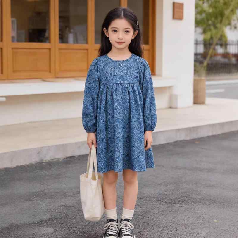 キッズ ワンピース 女の子 長袖 A字 Aライン 膝丈 プリーツ フリル パフスリーブ 花柄 総柄 青 春 秋 2歳 3歳 4歳 5歳 6歳 通園 通学 お出かけ フォーマル 公主 韓国子供服 かわいい おしゃれ