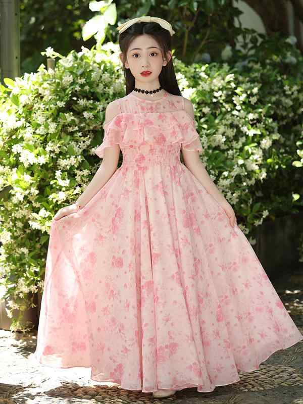 ・カテゴリ: ワンピース、子供用ドレス・スタイル: スウィート・生地名: シフォン・安全基準: B類・主な素材: ポリエステル100%・対象性別: 女の子・対象年齢: 中小の子供（3〜8歳、100〜140cm）・柄: 花柄・生地加工: 柔軟処理・デザイン: Aライン・裏地素材: ポリエステル100%・ディテール: プリンセス風・カラー展開: ピンク（ネックレス付き）、ブルー（ネックレス付き）、パープル（ネックレス付き）・サイズ展開: 120cm、130cm、140cm、150cm、160cm、170cm