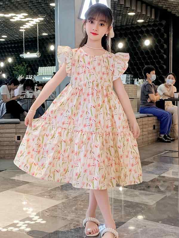 ワンピース キッズ 女の子 半袖 ノースリーブ フリル フレンチスリーブ コットン 綿100 A字 Aライン 花柄 総柄 ピンク 涼しい 通気性 かわいい 夏 お出かけ 旅行 子供服 ジュニア 110cm 120cm 130cm 140cm 150cm