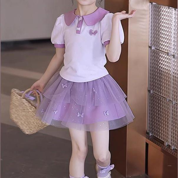 ・カテゴリ: 子供用セットアップ・対象性別: 女児・スタイル: スイート、可愛い・セット内容: スカートセット、2点セット、服・対象年齢: 中大童（8歳以上、140cm以上）・袖丈: 半袖・フード: なし・厚み: 普通・デザイン詳細: レース・主な素材: ポリエステル50%・開閉様式: プルオーバー・カラー展開: パープルレースバタフライセット（バッグなし）・サイズ展開: 120cm、130cm、140cm、150cm、160cm、170cm