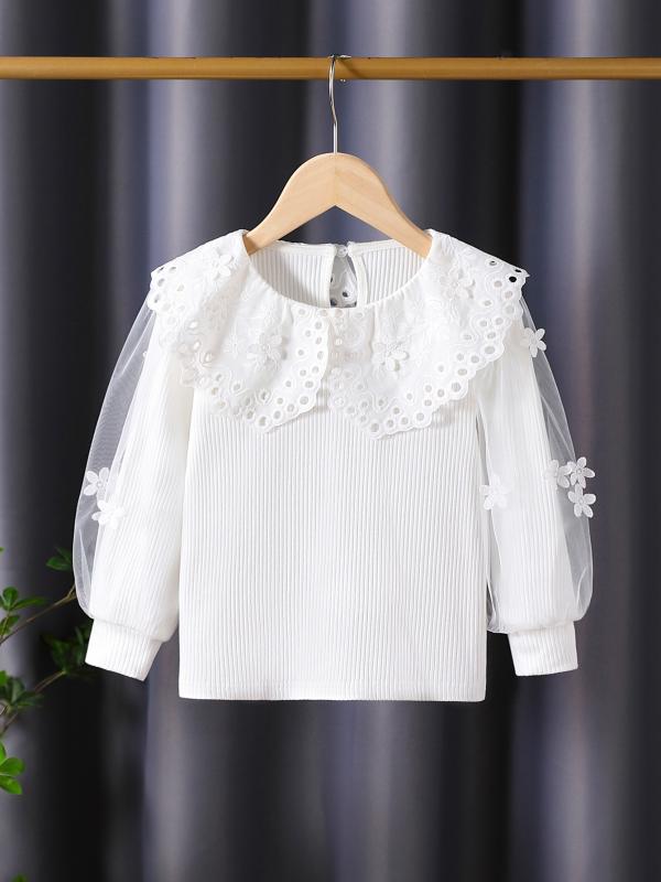 ・カテゴリ: 子供用Tシャツ・対象性別: 女児・スタイル: スウィート・袖丈: 長袖・対象年齢: 3歳以上（身長100cm以上）・生地加工: 柔軟処理・柄: 無地・デザイン要素: 可愛い、フリル、チュール・主な素材: 綿・素材割合: 綿91%〜95%・安全基準: B類・ネックライン: クルーネック・機能: 毛玉防止・カラー展開: ホワイト・対応身長: 110cm、120cm、130cm、140cm、150cm、160cm