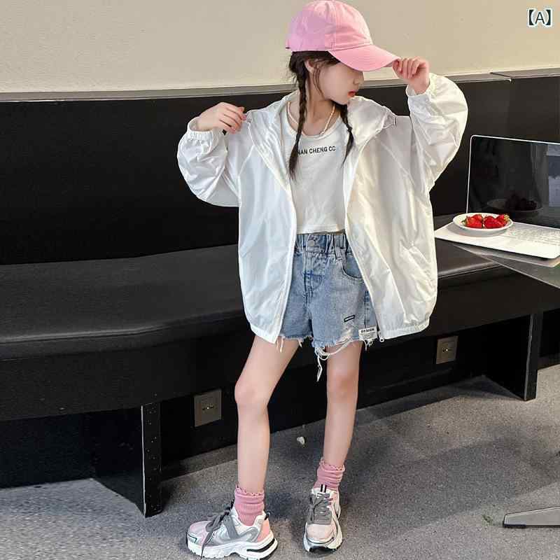 ・カテゴリ: ガールズウェア・対象年齢: 7〜12歳、8歳以上・表地素材: ポリエステル85%、化纤混紡・裏地素材: 綿100%・重量: 約0.33kg・カラー展開: ホワイト・対応身長: 120cm、130cm、140cm、150cm、160cm、170cm・フード: あり（取り外し不可）・機能: 紫外線防止