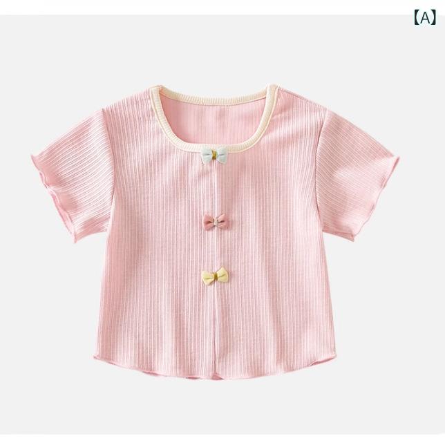 ・カテゴリ: キッズTシャツ・対象性別: 女児・スタイル: 韓国風・フード: なし・袖丈: 半袖・対象年齢: 1～3歳（身長80～100cm）・生地加工: 柔軟加工・柄: 無地・デザイン要素: リボン・主な素材: 綿95%・ネックライン: クルーネック・機能: 吸湿速乾・カラー展開: ピンク、アプリコット、ホワイト・対象身長: 7315.2cm、8229.6cm、9144cm、10058.4cm、10972.8cm、11887.2cm