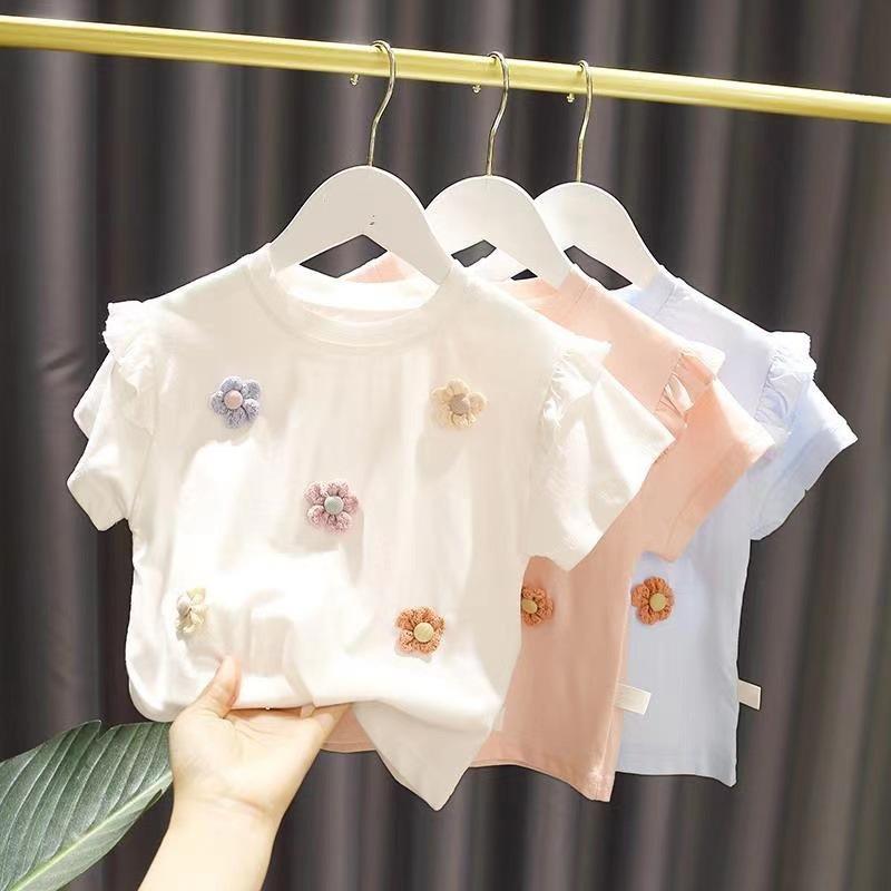 ・カテゴリ: 子供用Tシャツ・対象性別: 女児・スタイル: 韓国風・フード: なし・袖丈: 半袖・対象年齢: 中小童（3〜8歳、100〜140cm）・生地加工: 紫外線防止、柔軟処理・柄: 無地、花柄・デザイン要素: カートン、可愛い、プリンセス、トレンド・主な素材: 綿85%・安全基準: A類・ネックライン: クルーネック・機能: 紫外線防止・カラー展開: ホワイト、オレンジ、ブルー・対応身長: 80cm、90cm、100cm、110cm、120cm、130cm