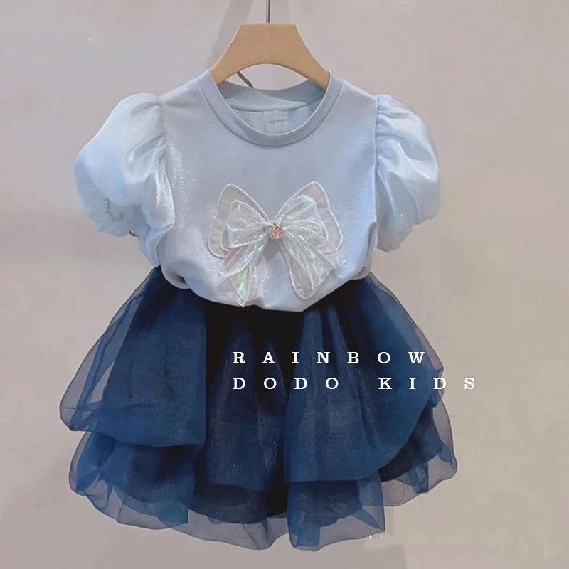 子供服 女の子 セットアップ 夏 キッズ 半袖 Tシャツ チュールスカート 2点セット 100 110 120 130 140 パフスリーブ トップス リボン ウエストゴム コットン 薄手 涼しい お出かけ 通園 通学 旅行 カジュアル