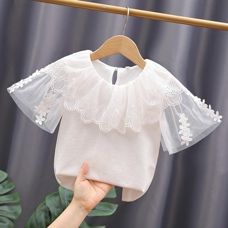 キッズ tシャツ 女の子 子供服 半袖 トップス カットソー 薄手 レース コットン 綿 プリンセス かわいい 甘い チュール ラウンドネック 吸湿 通気 通学 お出かけ 夏 夏服 白 ピンク 110 120 130 140 150 160