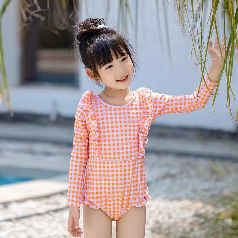 キッズ水着 女の子 ワンピース 長袖 日焼け防止 フリル 花柄 格子柄 スクール水着 ...