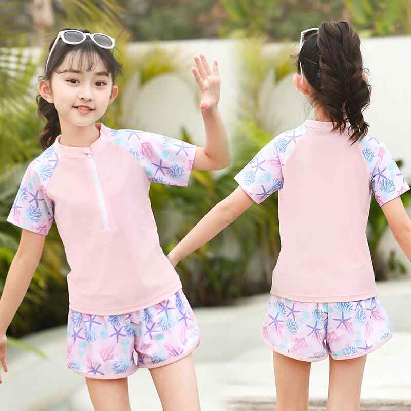 女児 水着 女の子 セパレート 半袖 ショートパンツ スイムウェア スイムキャップ セットアップ プール 海 ビーチ 温泉 ジュニア キッズ 子供用 3歳 4歳 5歳 6歳 小学生 高弾性 ナイロン ブルー ピンク パープル 春 夏 かわいい