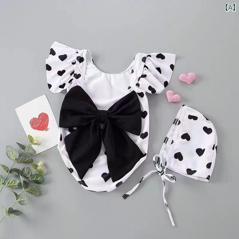 子供 水着 女の子 1才-7才 ワンピース フリル リボン ハート柄 幼稚園 保育園 海水浴 プール 旅行 スイミング スクール ビーチ 姉妹 お揃い かわいい 夏 黒 白 ホワイト ブラック 100 110 120 remake-buddy-10895332 リメイクバディー サンプル画像2