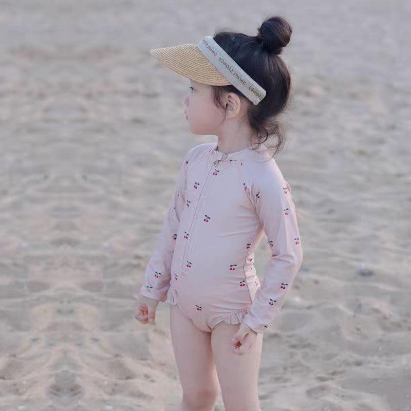 子供 水着 女の子 ベビー スイムウェア キッズ 長袖 ロンパース フリル レース 花柄 チェリー フルーツ 帽子付き セット 紫外線対策 UVカット 接触冷感 速乾 スイミング 水遊び 海 プール ビーチ かわいい 春 夏