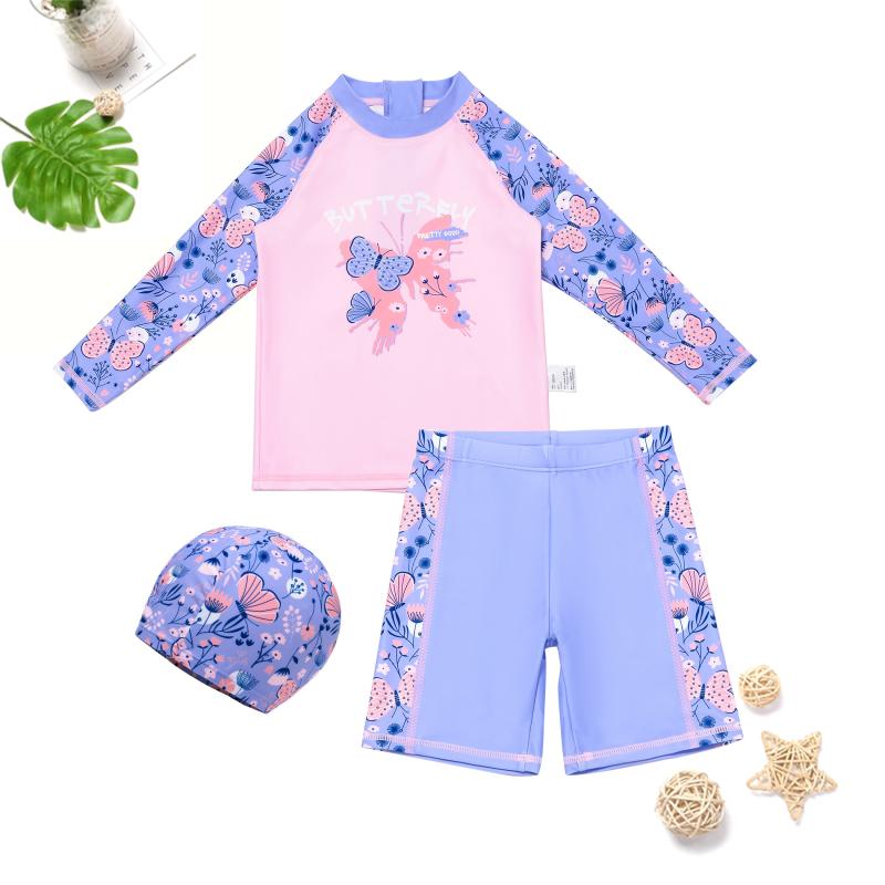 子供 水着 女の子 長袖 ショートパンツ キッズ ジュニア 3点セット 蝶 スイムウェア セパレート 日焼け防止 UVカット ポリエステル 伸縮性 海 ビーチ プール 水遊び レジャー かわいい 春 夏 オールシーズン 100 110 120 130 1