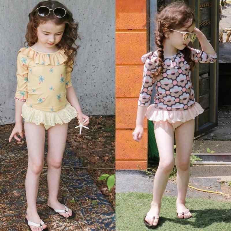 子供 水着 女の子 セパレート 長袖 ラッシュガード UVカット 伸縮性 撥水 ナイロン フリル お出かけ 旅行 スイミング プール ビーチ 海 ピンク 黄 2歳 3歳 4歳 5歳 6歳 7歳 8歳 スクール ジュニア かわいい 春 夏