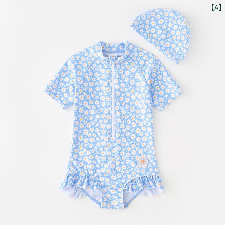 子供水着 女の子 ベビー キッズ 2点セット スイムキャップ付き 花柄 紫外線対策 フリル かわいい セパレート スイムウェア ビーチ プール 水遊び 海 旅行 80 90 100 110 120 130 春 夏