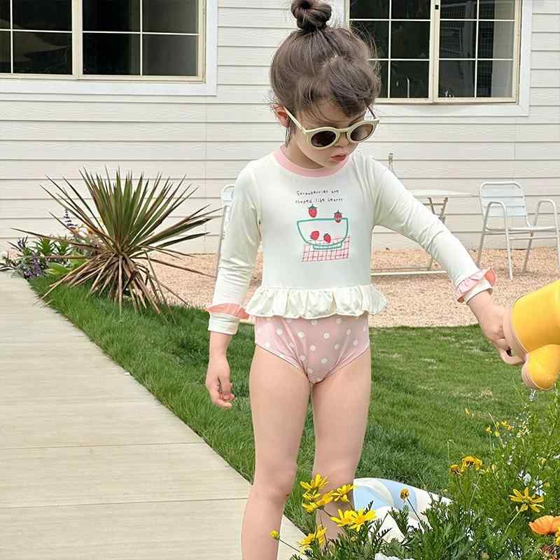 子供 水着 女の子 ワンピース キッズ 長袖 UVカット 日焼け防止 速乾 スイムウェア スイミング スイムキャップ 帽子付き 水遊び ドット柄 温泉 ビーチ 旅行 海 プール レジャー アウトドア 夏 ベビー ジュニア