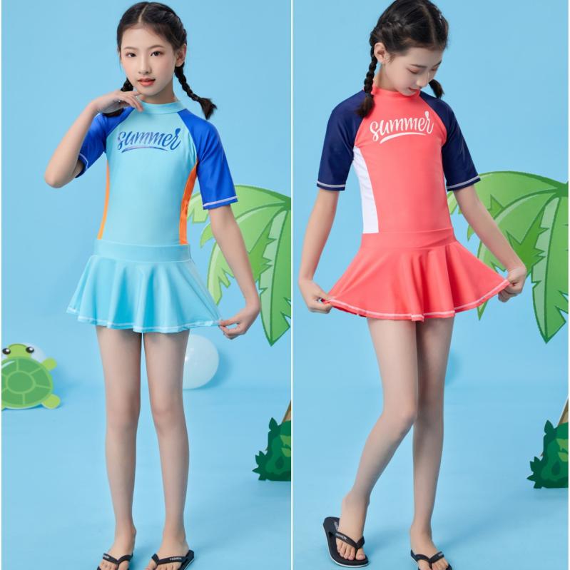 子供水着 女の子 ワンピース スクール水着 半袖 紫外線対策 UVカット ナイロン スカート ジュニア キッズ スイムウェア 学生 温泉 海 プール ビーチ レッド ブルー 130 140 150 夏 かわいい おしゃれ