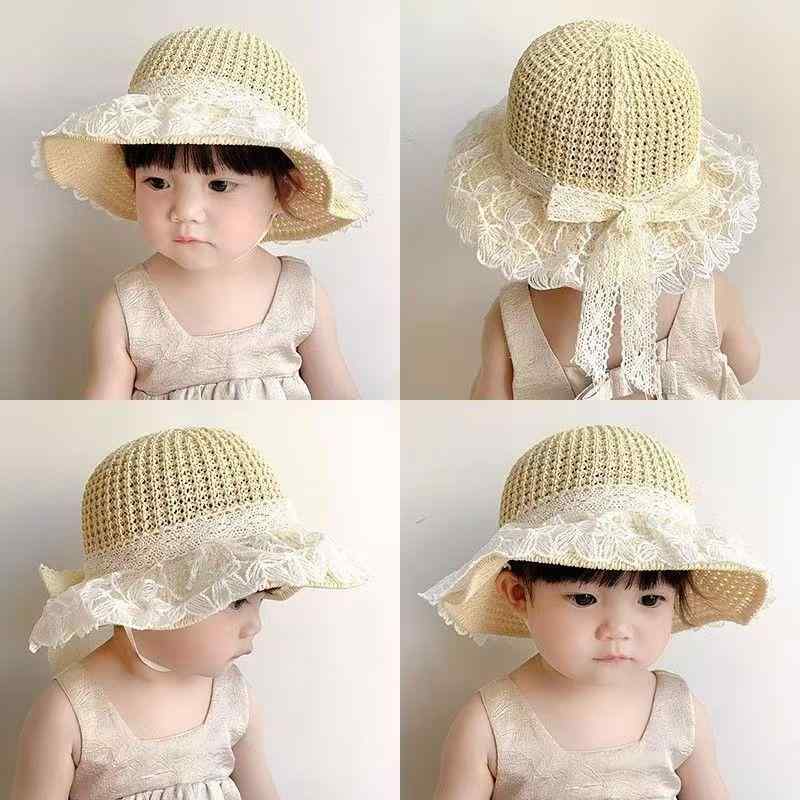子供用 麦わら帽子 女の子 男の子 ハット キッズ ストローハット バケットハット 日よけ帽子 レース リボン 大つば 広つば 丸型 軽量 通気性 紫外線対策 UVカット 熱中症対策 遠足 外遊び 海 プール お出かけ カキ ピンク 黄