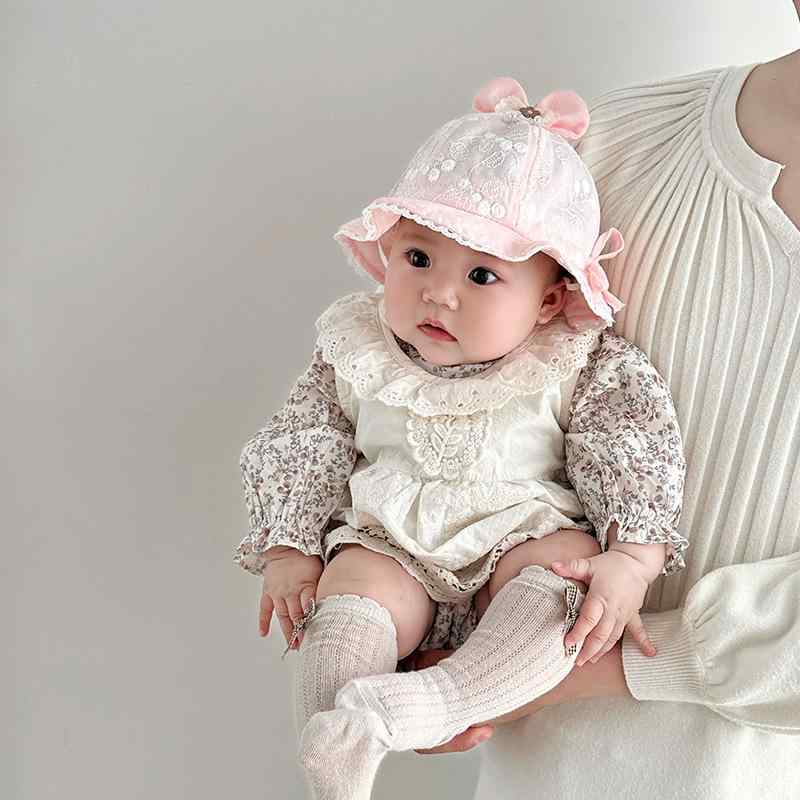 ベビー 帽子 女の子 バケットハット ハット プリンセス リボン パール 麦わら帽子 日よけ 紫外線対策 UVカット 遮光 折りたたみ 春 夏 お出かけ 旅行 公園 ピンク パープル アイボリー 赤ちゃん 幼児 キッズ 44-48cm